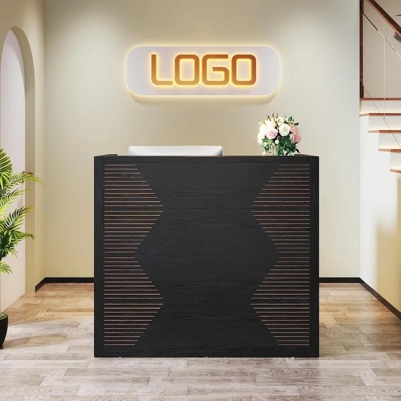 Bureau de réception avec comptoir, panneau de particules E1, 120 cm (L) x 110 cm (H), 100 kg, beige/noir