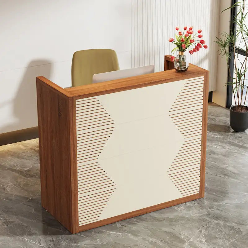 Bureau de réception avec comptoir, panneau de particules E1, 120 cm (L) x 110 cm (H), 100 kg, beige/noir