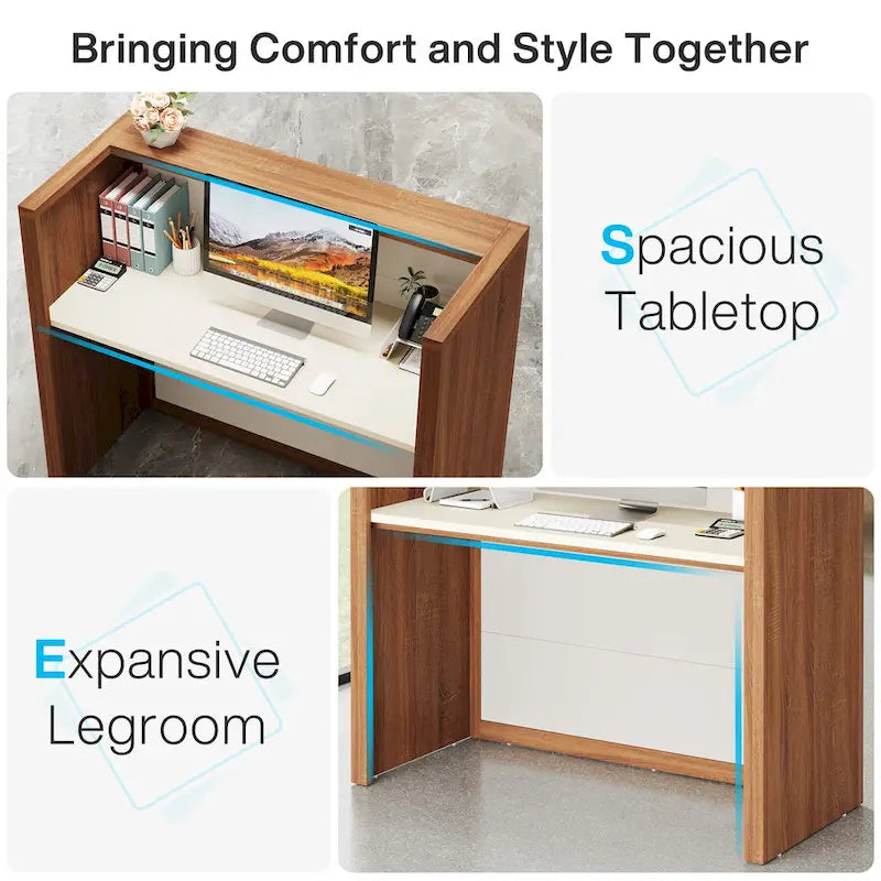 Bureau de réception avec comptoir, panneau de particules E1, 120 cm (L) x 110 cm (H), 100 kg, beige/noir
