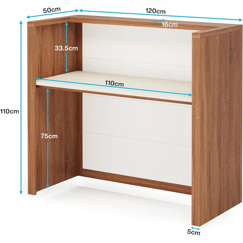 Bureau de réception avec comptoir, panneau de particules E1, 120 cm (L) x 110 cm (H), 100 kg, beige/noir