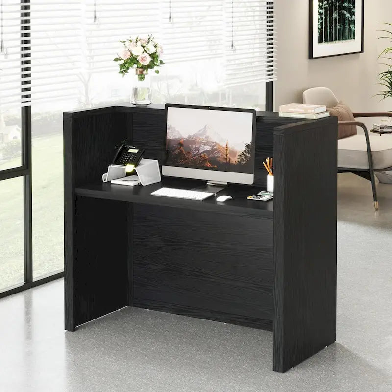 Bureau de réception avec comptoir, panneau de particules E1, 120 cm (L) x 110 cm (H), 100 kg, beige/noir