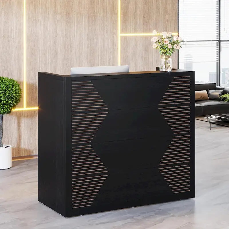 Bureau de réception avec comptoir, panneau de particules E1, 120 cm (L) x 110 cm (H), 100 kg, beige/noir