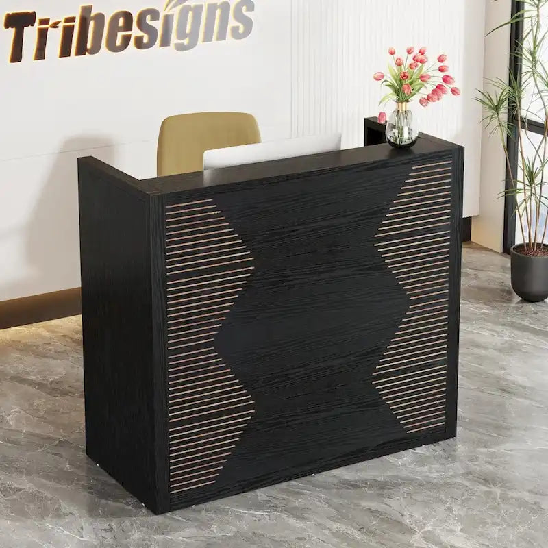 Bureau de réception avec comptoir, panneau de particules E1, 120 cm (L) x 110 cm (H), 100 kg, beige/noir