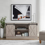 Meuble TV rustique en bois de ferme de 152 cm avec console de rangement et portes coulissantes de grange pour centre de divertissement