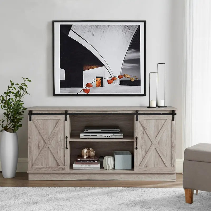 Meuble TV rustique en bois de ferme de 152 cm avec console de rangement et portes coulissantes de grange pour centre de divertissement