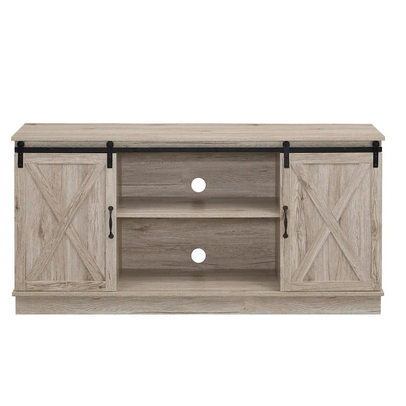 Meuble TV rustique en bois de ferme de 152 cm avec console de rangement et portes coulissantes de grange pour centre de divertissement