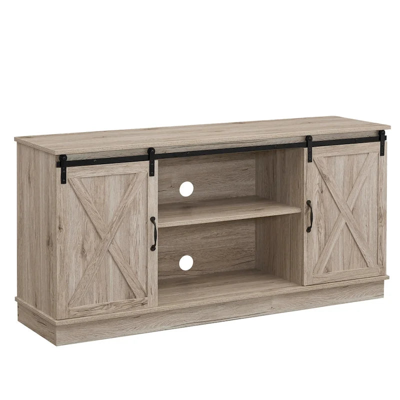 Meuble TV rustique en bois de ferme de 152 cm avec console de rangement et portes coulissantes de grange pour centre de divertissement