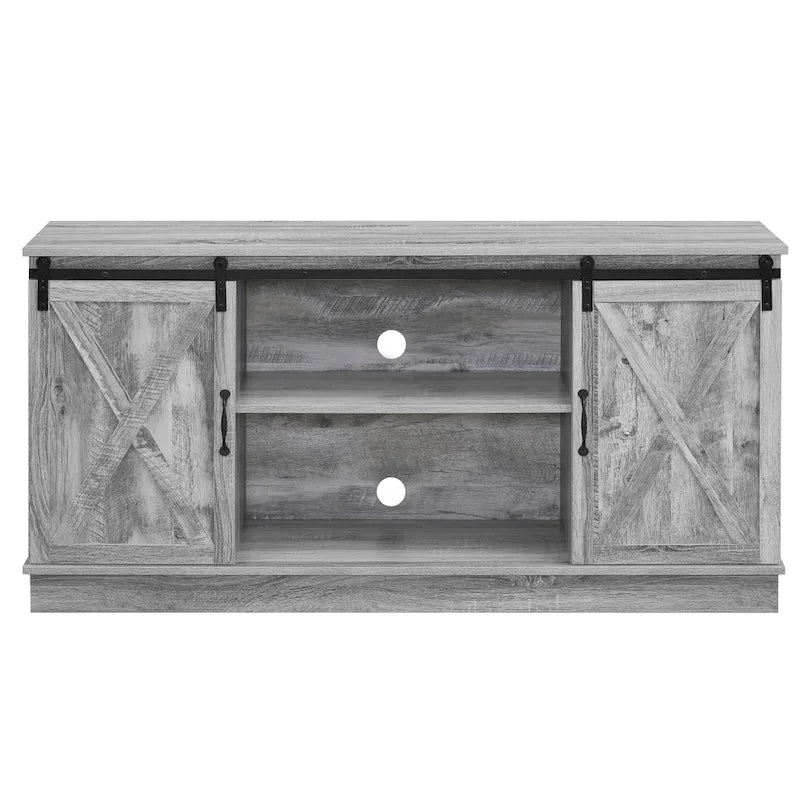 Meuble TV rustique en bois de ferme de 152 cm avec console de rangement et portes coulissantes de grange pour centre de divertissement