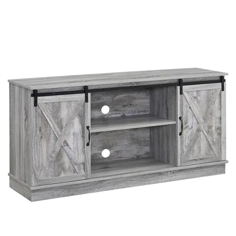 Meuble TV rustique en bois de ferme de 152 cm avec console de rangement et portes coulissantes de grange pour centre de divertissement