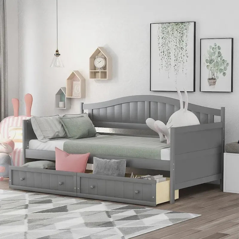 Lit de repos jumeau en bois, 2 tiroirs de rangement, bois massif et MDF, 10 lattes, sans sommier, 1 place assise/couchage, espresso/blanc/gris