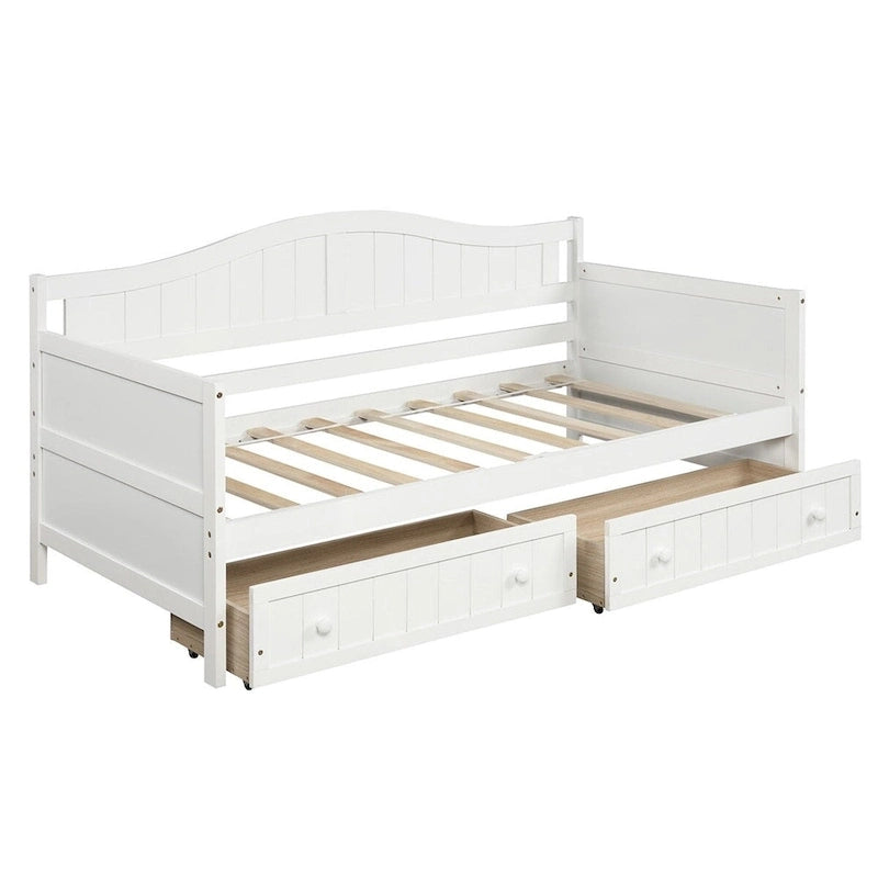 Lit de repos jumeau en bois, 2 tiroirs de rangement, bois massif et MDF, 10 lattes, sans sommier, 1 place assise/couchage, espresso/blanc/gris