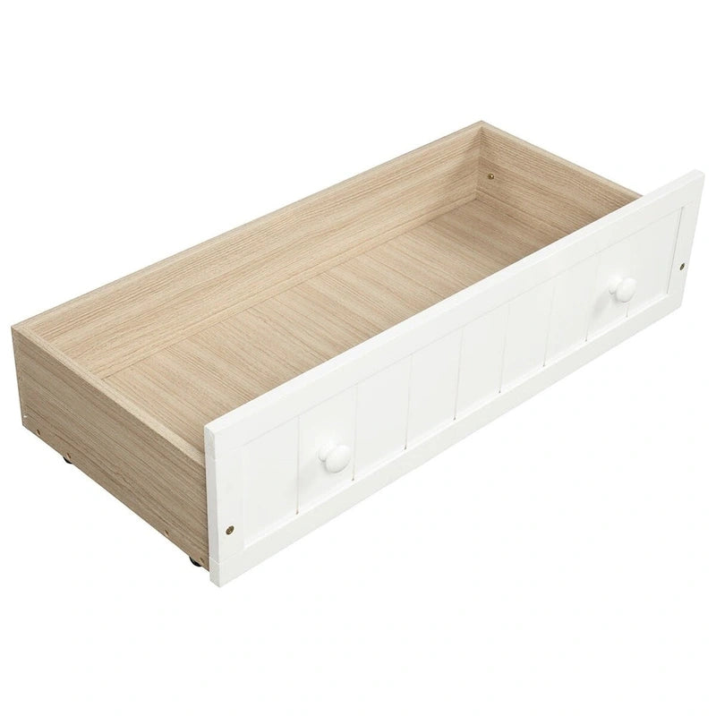 Lit de repos jumeau en bois, 2 tiroirs de rangement, bois massif et MDF, 10 lattes, sans sommier, 1 place assise/couchage, espresso/blanc/gris