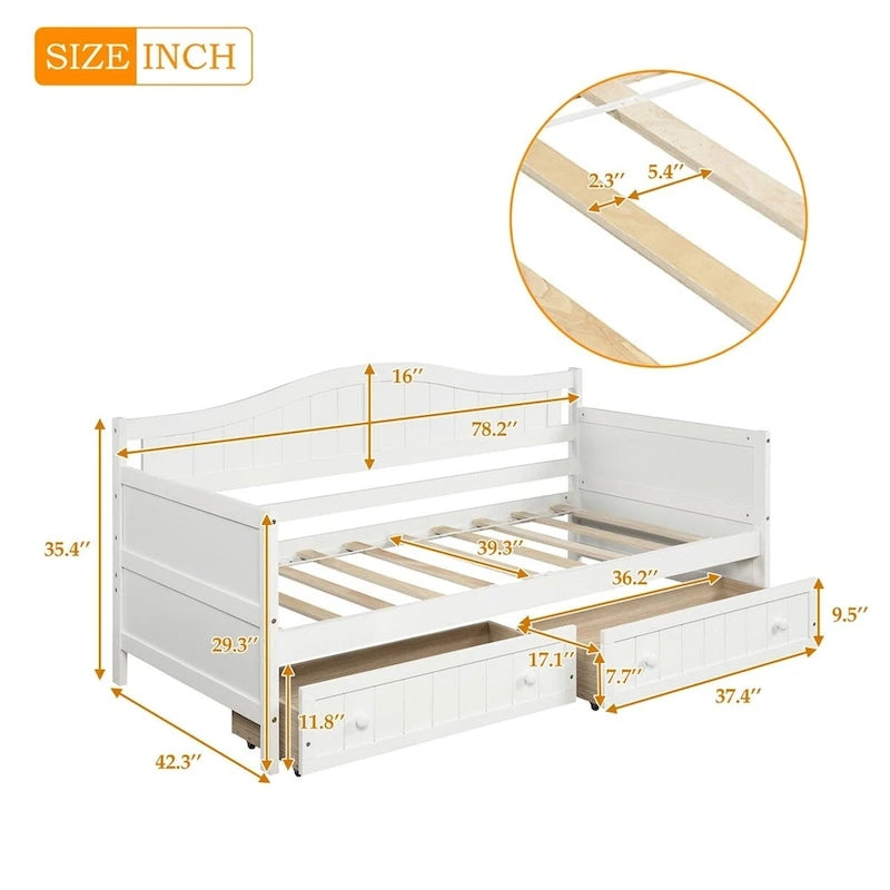 Lit de repos jumeau en bois, 2 tiroirs de rangement, bois massif et MDF, 10 lattes, sans sommier, 1 place assise/couchage, espresso/blanc/gris