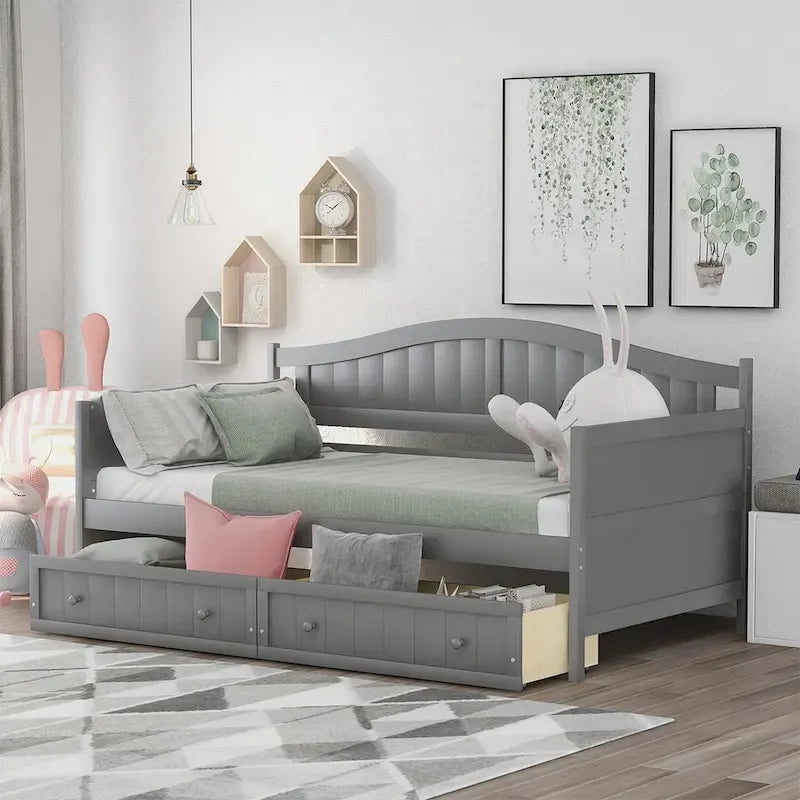 Lit de repos jumeau en bois, 2 tiroirs de rangement, bois massif et MDF, 10 lattes, sans sommier, 1 place assise/couchage, espresso/blanc/gris