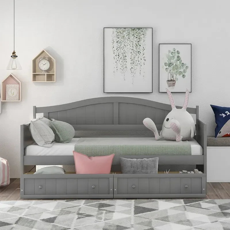 Lit de repos jumeau en bois, 2 tiroirs de rangement, bois massif et MDF, 10 lattes, sans sommier, 1 place assise/couchage, espresso/blanc/gris