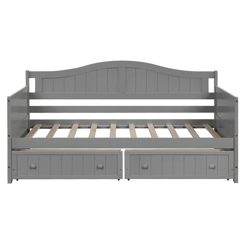 Lit de repos jumeau en bois, 2 tiroirs de rangement, bois massif et MDF, 10 lattes, sans sommier, 1 place assise/couchage, espresso/blanc/gris