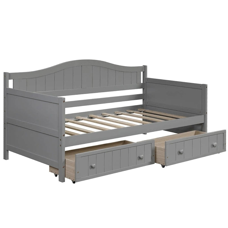 Lit de repos jumeau en bois, 2 tiroirs de rangement, bois massif et MDF, 10 lattes, sans sommier, 1 place assise/couchage, espresso/blanc/gris