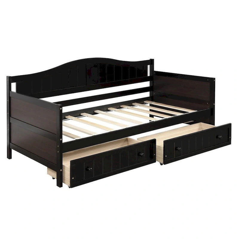 Lit de repos jumeau en bois, 2 tiroirs de rangement, bois massif et MDF, 10 lattes, sans sommier, 1 place assise/couchage, espresso/blanc/gris