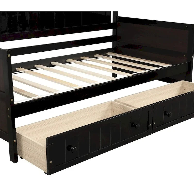 Lit de repos jumeau en bois, 2 tiroirs de rangement, bois massif et MDF, 10 lattes, sans sommier, 1 place assise/couchage, espresso/blanc/gris