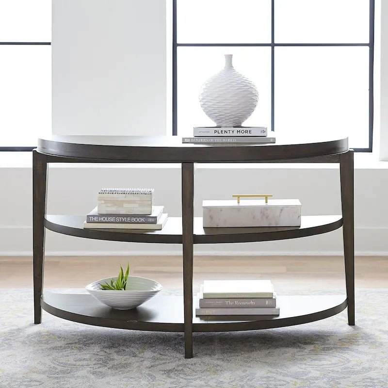 Console demi-lune, dessus rayonnant, 2 étagères ouvertes, 127 cm (50 po) L x 45,7 cm (18 po) P x 74,9 cm (29,5 po) H, en hévéa et chêne