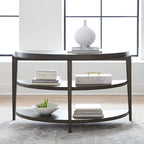 Console demi-lune, dessus rayonnant, 2 étagères ouvertes, 127 cm (50 po) L x 45,7 cm (18 po) P x 74,9 cm (29,5 po) H, en hévéa et chêne