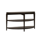 Console demi-lune, dessus rayonnant, 2 étagères ouvertes, 127 cm (50 po) L x 45,7 cm (18 po) P x 74,9 cm (29,5 po) H, en hévéa et chêne
