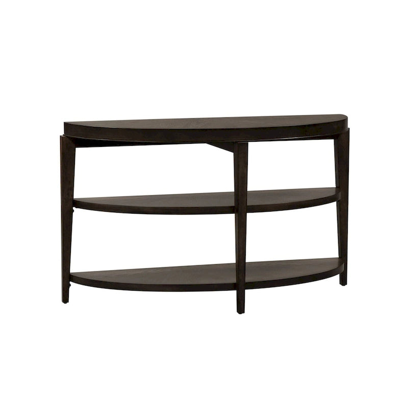 Console demi-lune, dessus rayonnant, 2 étagères ouvertes, 127 cm (50 po) L x 45,7 cm (18 po) P x 74,9 cm (29,5 po) H, en hévéa et chêne