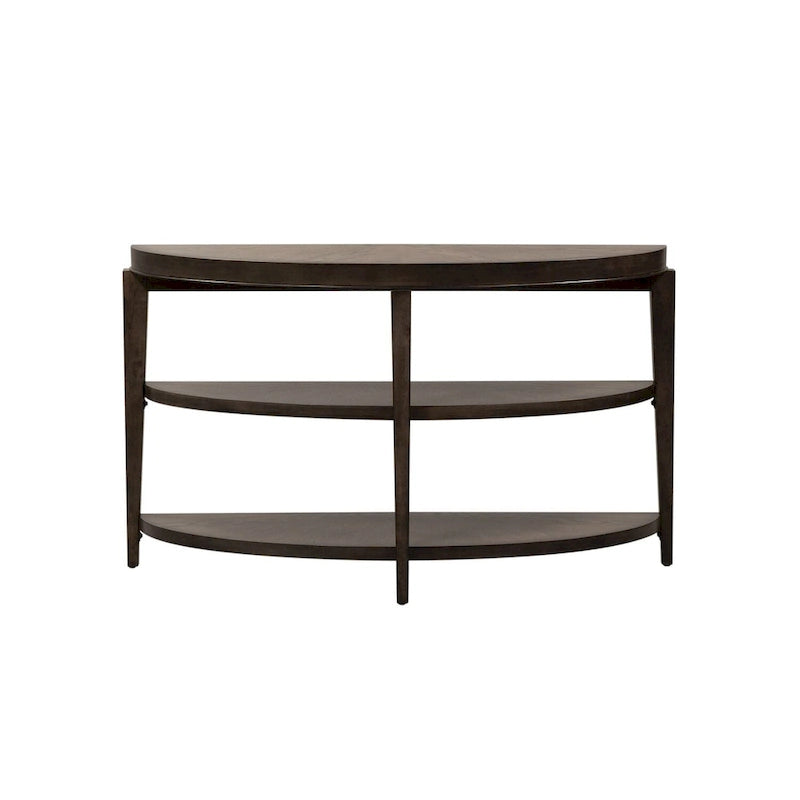 Console demi-lune, dessus rayonnant, 2 étagères ouvertes, 127 cm (50 po) L x 45,7 cm (18 po) P x 74,9 cm (29,5 po) H, en hévéa et chêne