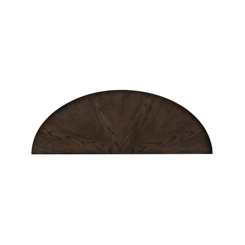 Console demi-lune, dessus rayonnant, 2 étagères ouvertes, 127 cm (50 po) L x 45,7 cm (18 po) P x 74,9 cm (29,5 po) H, en hévéa et chêne