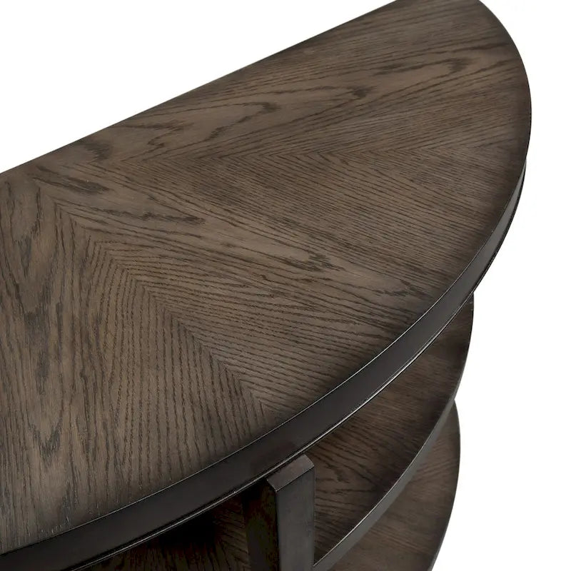 Console demi-lune, dessus rayonnant, 2 étagères ouvertes, 127 cm (50 po) L x 45,7 cm (18 po) P x 74,9 cm (29,5 po) H, en hévéa et chêne