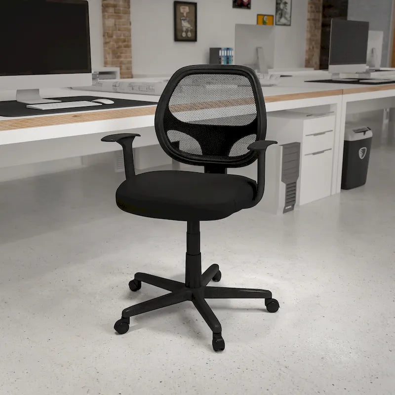 Chaise de bureau pivotante à dossier mi-haut en maille, base en nylon, soutien lombaire, pivotement à 360°, 1 place, noir/gris