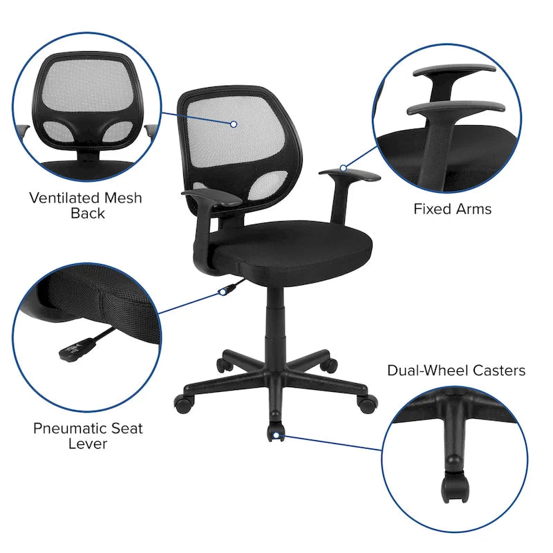 Chaise de bureau pivotante à dossier mi-haut en maille, base en nylon, soutien lombaire, pivotement à 360°, 1 place, noir/gris