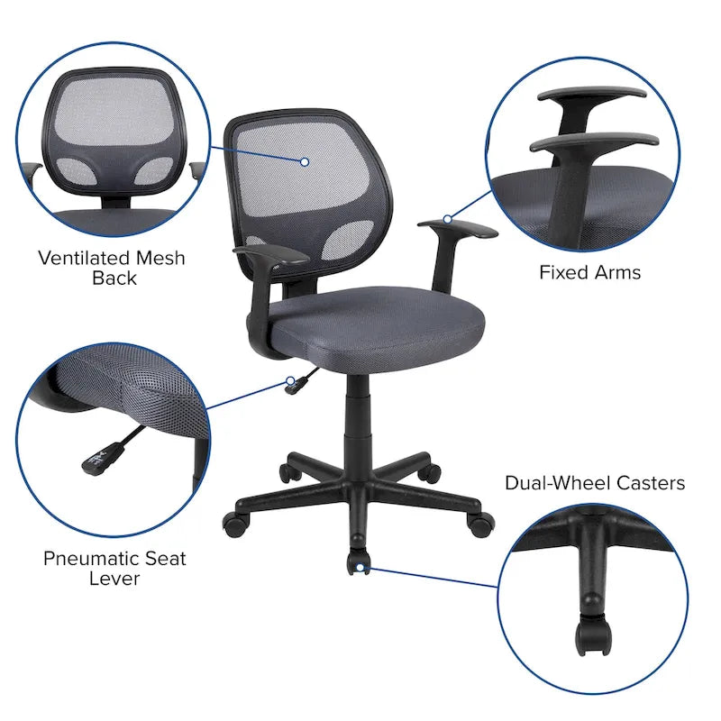 Chaise de bureau pivotante à dossier mi-haut en maille, base en nylon, soutien lombaire, pivotement à 360°, 1 place, noir/gris