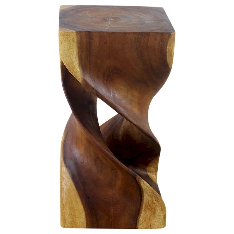 Tabouret/Table d'appoint Double Torsion, Bois de suar sculpté, Fini à l'huile de chêne naturel, 30x30x58cm H, Huile de chêne