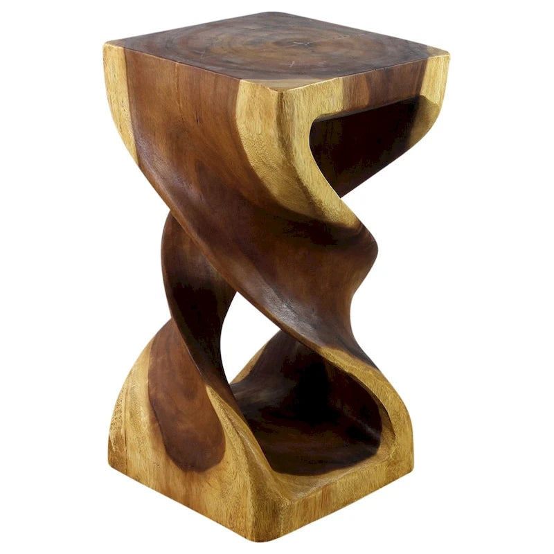 Tabouret/Table d'appoint Double Torsion, Bois de suar sculpté, Fini à l'huile de chêne naturel, 30x30x58cm H, Huile de chêne