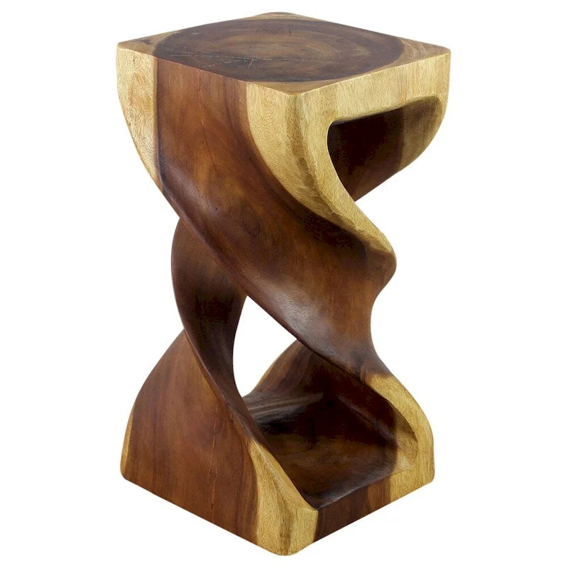 Tabouret/Table d'appoint Double Torsion, Bois de suar sculpté, Fini à l'huile de chêne naturel, 30x30x58cm H, Huile de chêne
