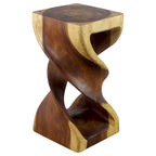 Tabouret/Table d'appoint Double Torsion, Bois de suar sculpté, Fini à l'huile de chêne naturel, 30x30x58cm H, Huile de chêne