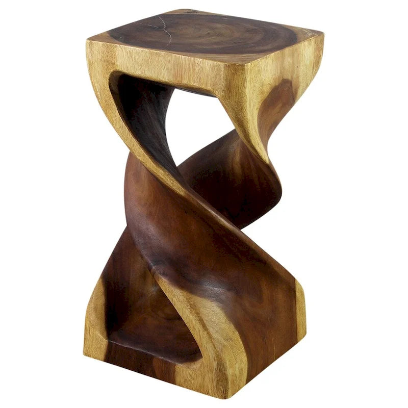 Tabouret/Table d'appoint Double Torsion, Bois de suar sculpté, Fini à l'huile de chêne naturel, 30x30x58cm H, Huile de chêne