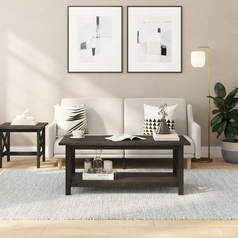 Table basse X-Frame avec étagère, Acacia Gris/Gris Foncé/Noyer, Bois massif