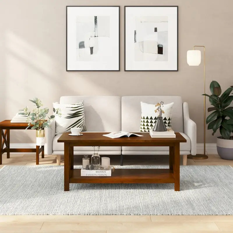 Table basse X-Frame avec étagère, Acacia Gris/Gris Foncé/Noyer, Bois massif