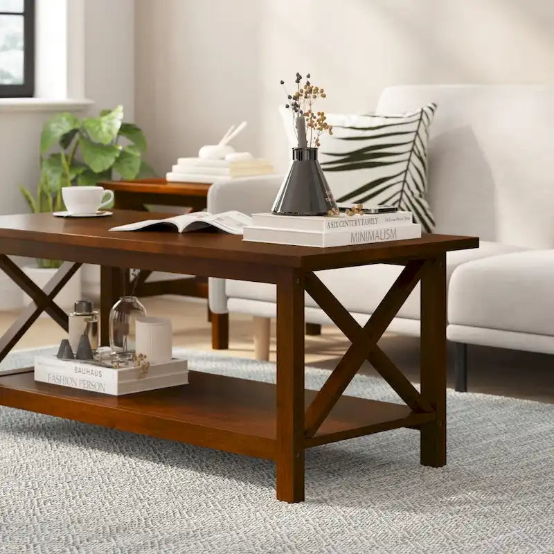 Table basse X-Frame avec étagère, Acacia Gris/Gris Foncé/Noyer, Bois massif
