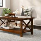Table basse X-Frame avec étagère, Acacia Gris/Gris Foncé/Noyer, Bois massif