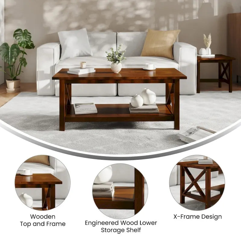 Table basse X-Frame avec étagère, Acacia Gris/Gris Foncé/Noyer, Bois massif