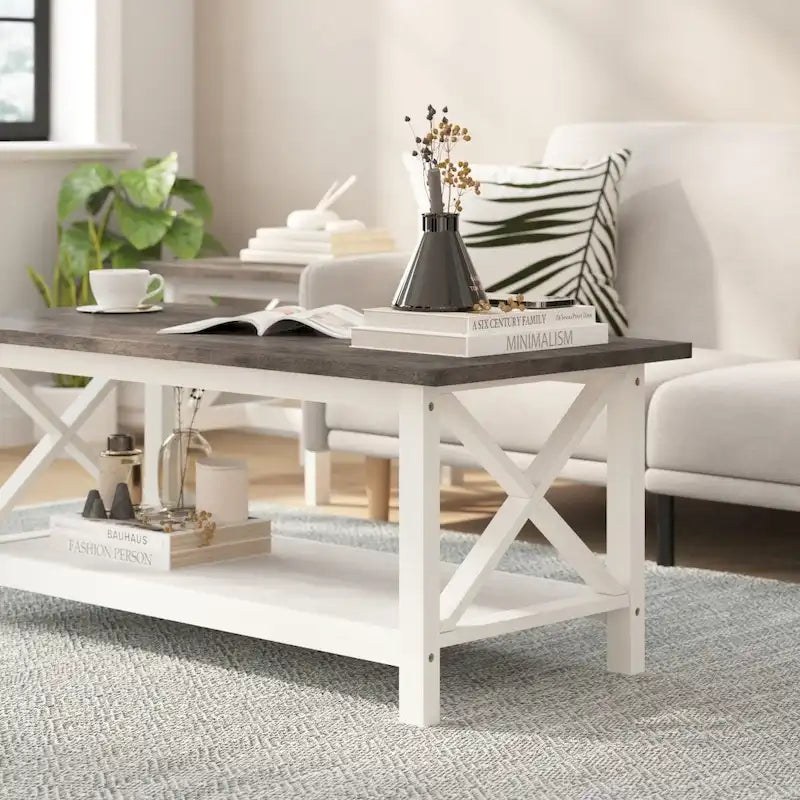 Table basse X-Frame avec étagère, Acacia Gris/Gris Foncé/Noyer, Bois massif