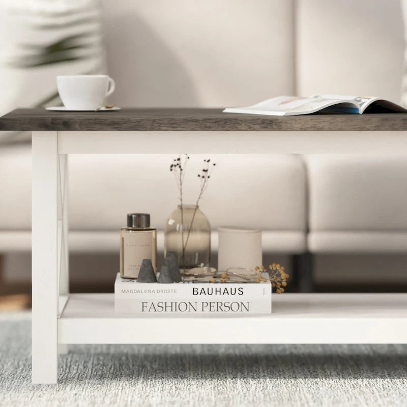Table basse X-Frame avec étagère, Acacia Gris/Gris Foncé/Noyer, Bois massif