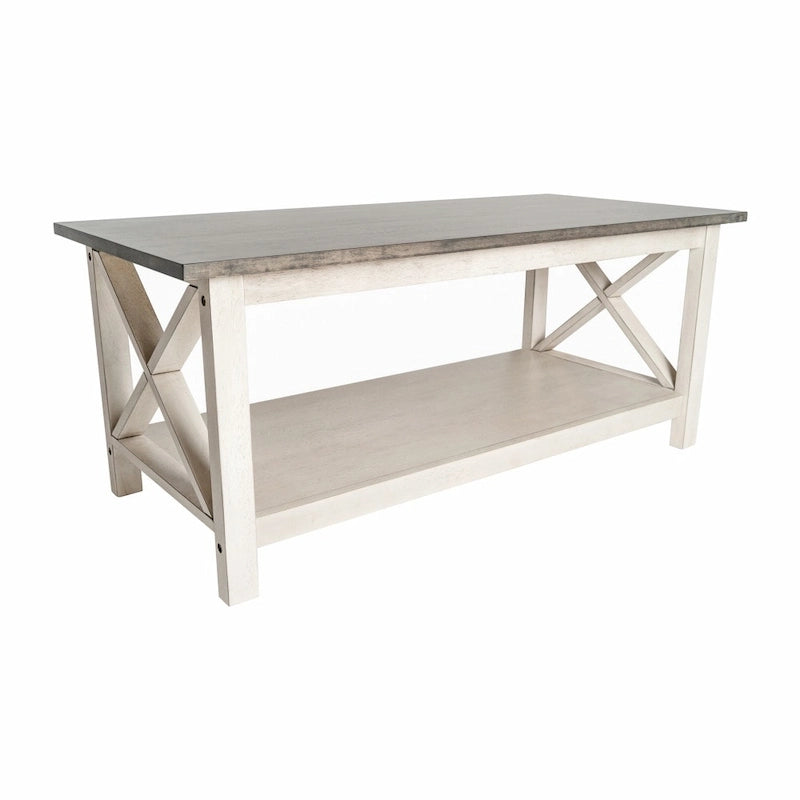 Table basse X-Frame avec étagère, Acacia Gris/Gris Foncé/Noyer, Bois massif