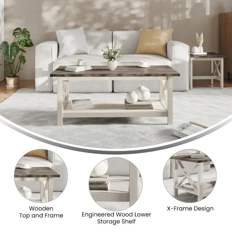 Table basse X-Frame avec étagère, Acacia Gris/Gris Foncé/Noyer, Bois massif