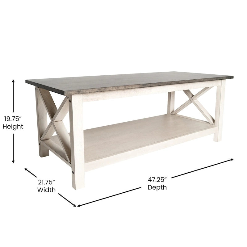 Table basse X-Frame avec étagère, Acacia Gris/Gris Foncé/Noyer, Bois massif