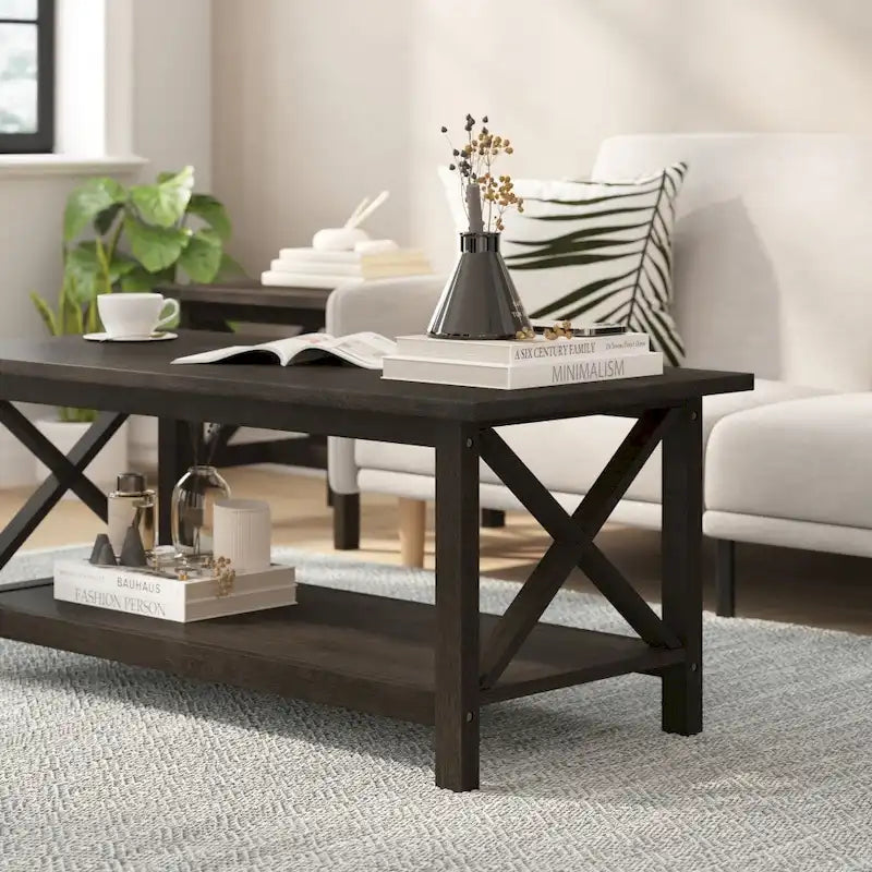 Table basse X-Frame avec étagère, Acacia Gris/Gris Foncé/Noyer, Bois massif