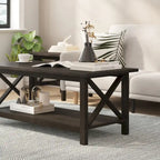 Table basse X-Frame avec étagère, Acacia Gris/Gris Foncé/Noyer, Bois massif